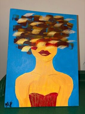 Stylized Women's Hair Wig Art Print - Gold & Brown Accents on Blue